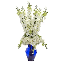 33" Delphinium & Hydrangea Arrangement in Blue Vase