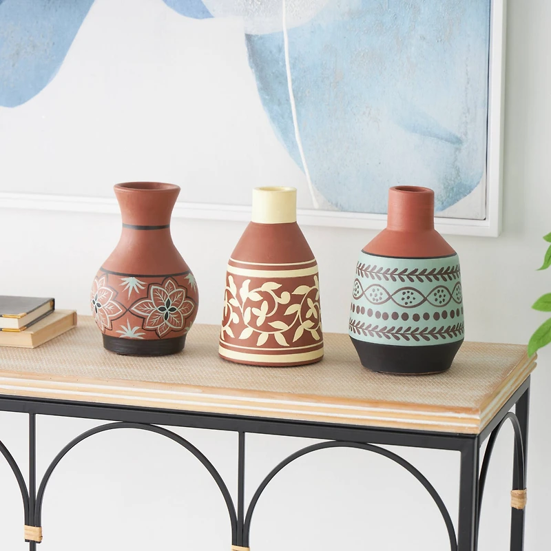 Orange Ceramic Floral Vase Set with 3 Different Patterns & Shapes