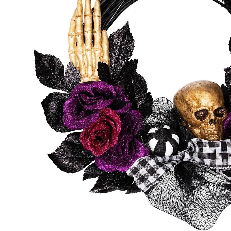 22" Skull with Hands & Purple Roses Halloween Twig Wreath