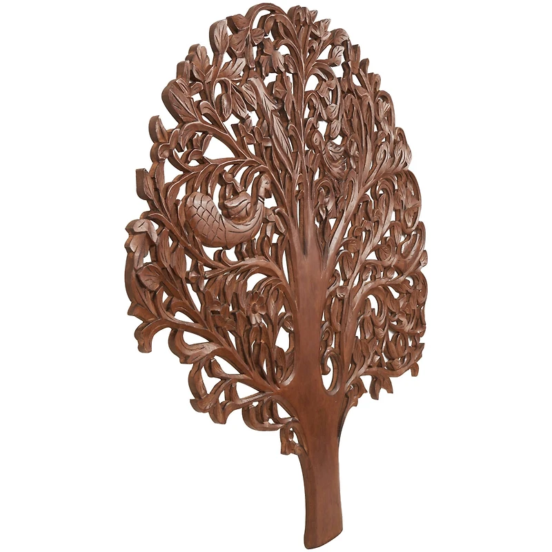 43" x 45" Brown Carved Wooden Tree Wall Décor with Bird Accents