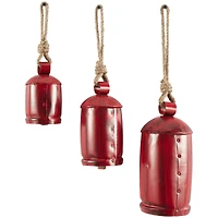 Red Metal Cow Bells Tibetan Inspired Decorative with Jute Hanging Rope Set