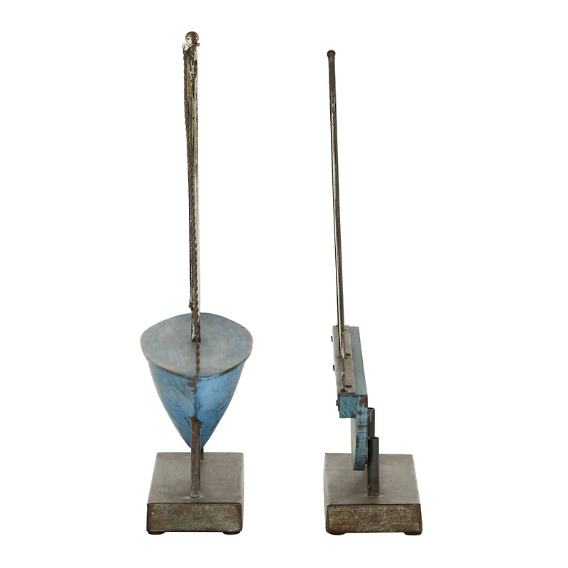 Set of 2 Blue Metal Coastal Sail Boat Sculpture, 17", 16"