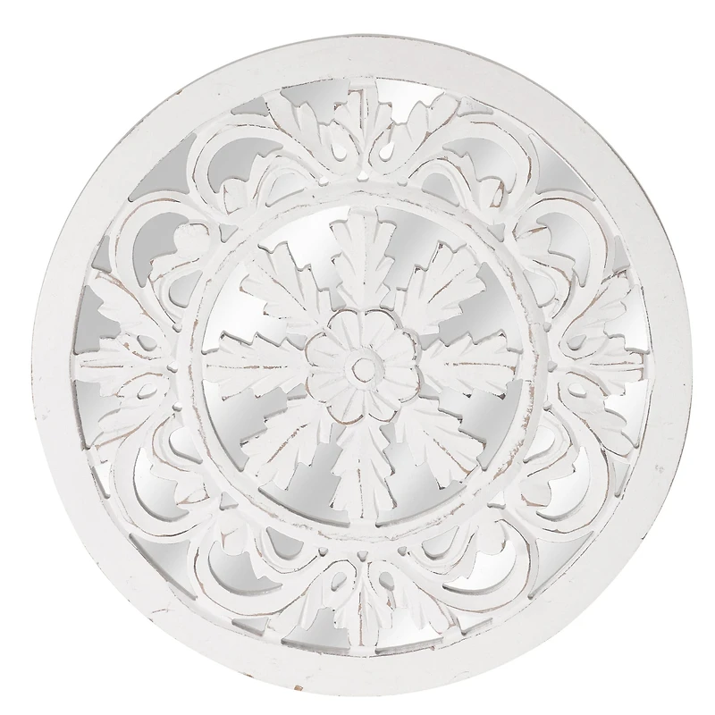 American Art Décor™ 16" Distressed Reflective Hand-Carved White Wood Wall Accent Medallion
