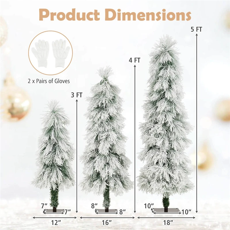 3ft., 4ft., 5ft. Pre-Lit Snow-Pressed Artificial Christmas Tree Set, Warm White LED Lights