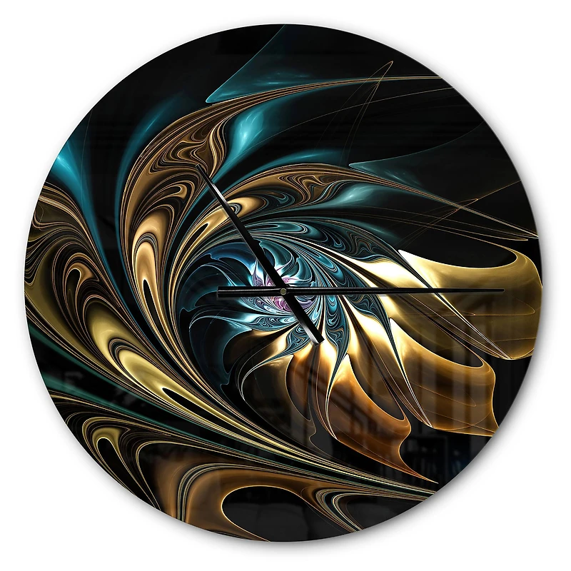 Designart Brown Blue Fractal Flower in Black Modern Wall Clock