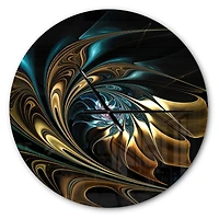 Designart Brown Blue Fractal Flower in Black Modern Wall Clock