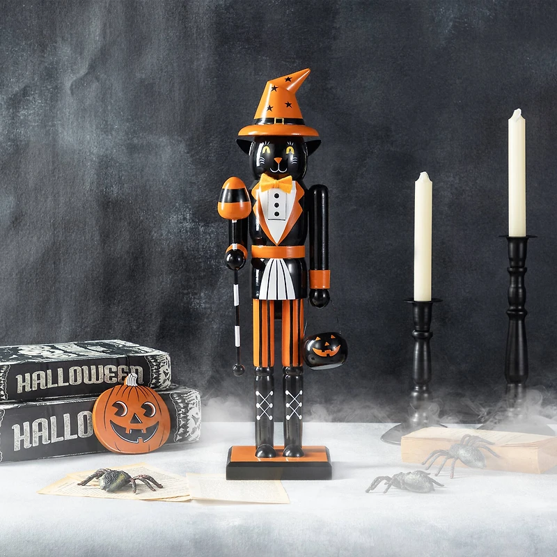 Glitzhome® 18.5"H Halloween Wooden Black Cat Nutcracker with Pumpkin Ornament