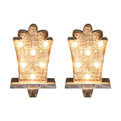 Glitzhome® 7.5" Pre-Lit Marquee Wooden Metal LED Gift Box Stocking Holder, 2ct. 