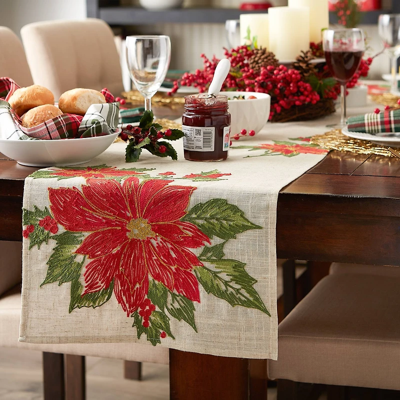 DII® 70" Cream Poinsettia Holly Embroidered Table Runner