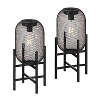 Glitzhome® 14.25" Metal Mesh Black Solar Powered Lantern with Stand, 2ct.
