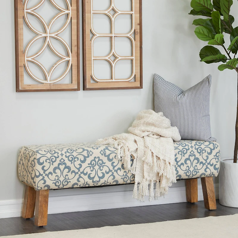 50" Cream Fabric Arabesque Scroll Bench with Wood Legs