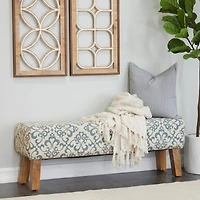 50" Cream Fabric Arabesque Scroll Bench with Wood Legs