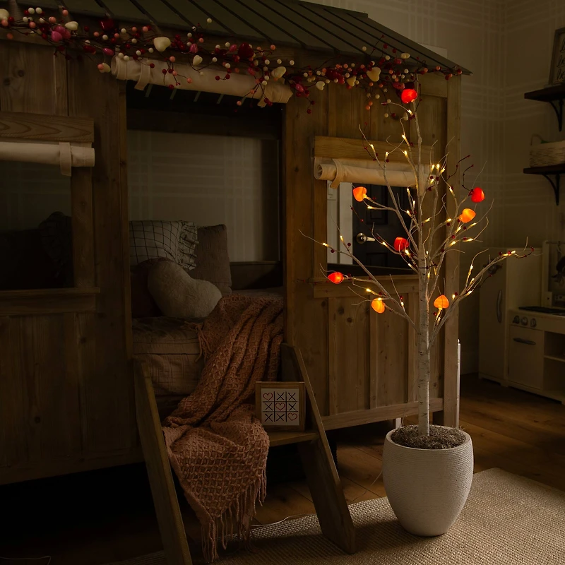 4ft. Pre-Lit Artificial Valentine's Day Twig Tree with 48 Heart Shaped LED Lights and Red Berries