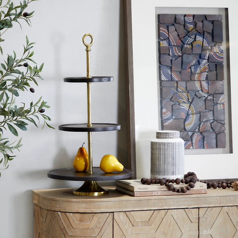 Dark Brown Mango Wood Coastal Tiered Server, 15" x 14" x 26"