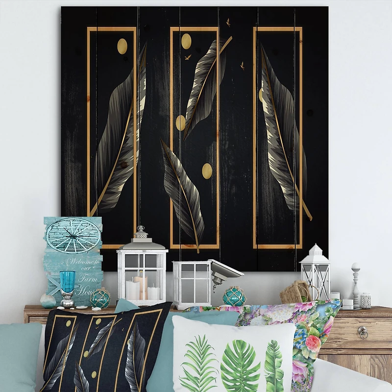 Designart - Black Tropical Leaves With Golden Rectangles