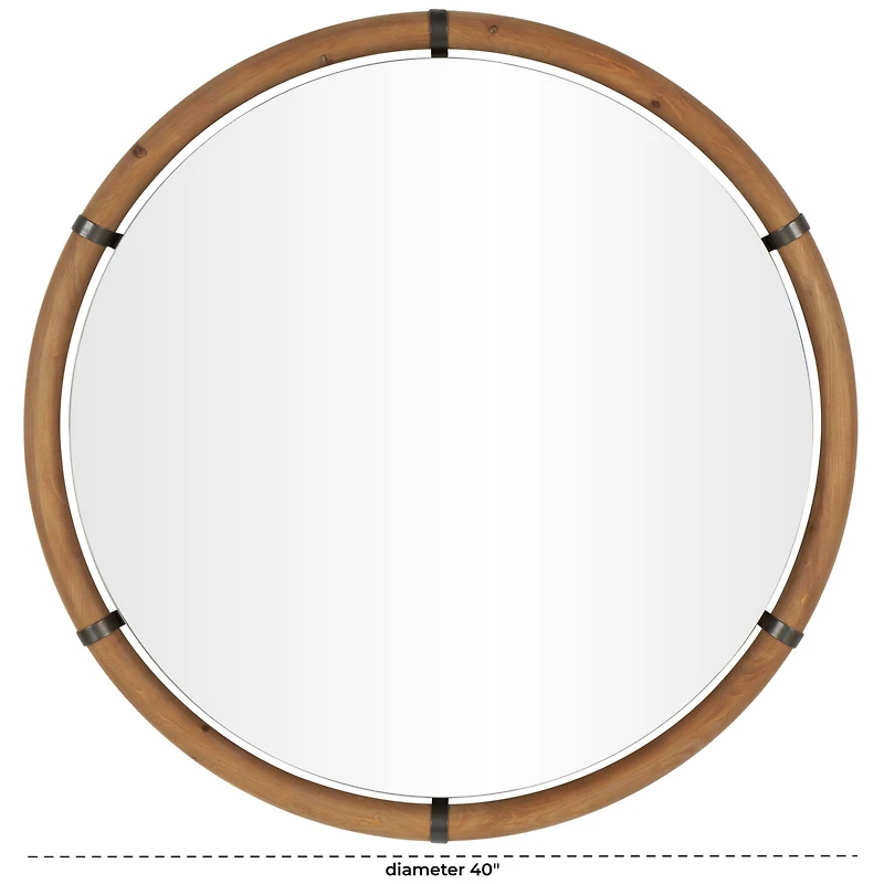 40" x 40" Brown Wood Round Design with Brass Metal Support Wall Mirror