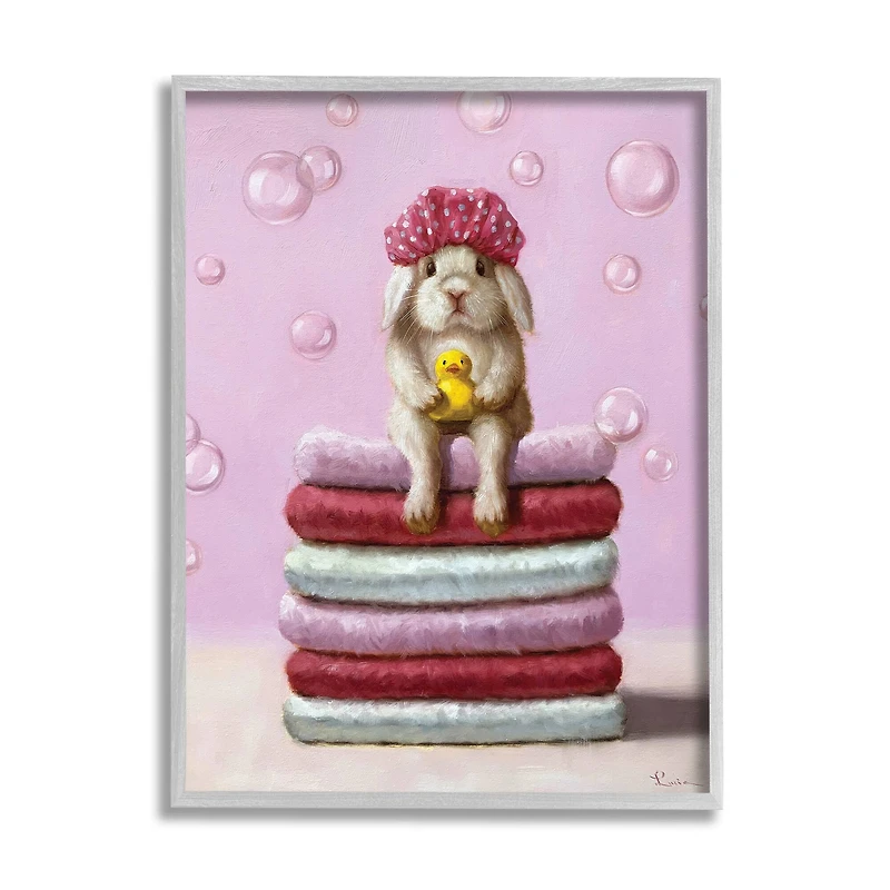 Stupell Industries Cute Baby Rabbit on Bath Towels Soap Bubbles in Gray Frame Wall Art