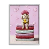 Stupell Industries Cute Baby Rabbit on Bath Towels Soap Bubbles in Gray Frame Wall Art