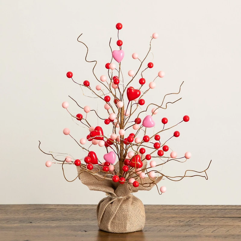 18in. Pre-Lit Artificial Valentine's Day Heart & Berry Twig Tree with 30 LED String Lights in Burlap Wrapped Base
