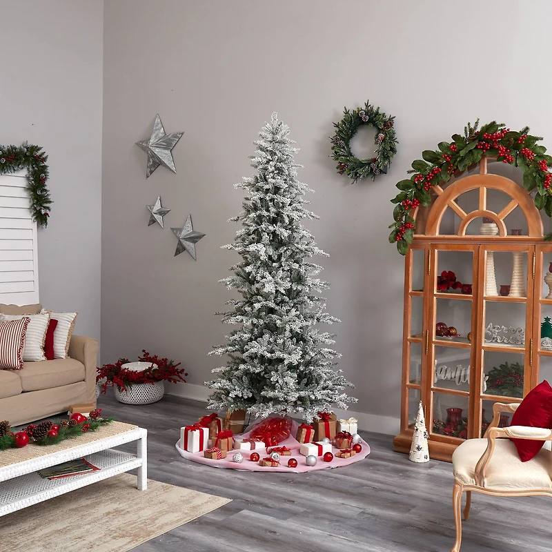 8.5ft. Pre-Lit Slim Flocked Nova Scotia Spruce Artificial Christmas Tree, Warm White LED Lights