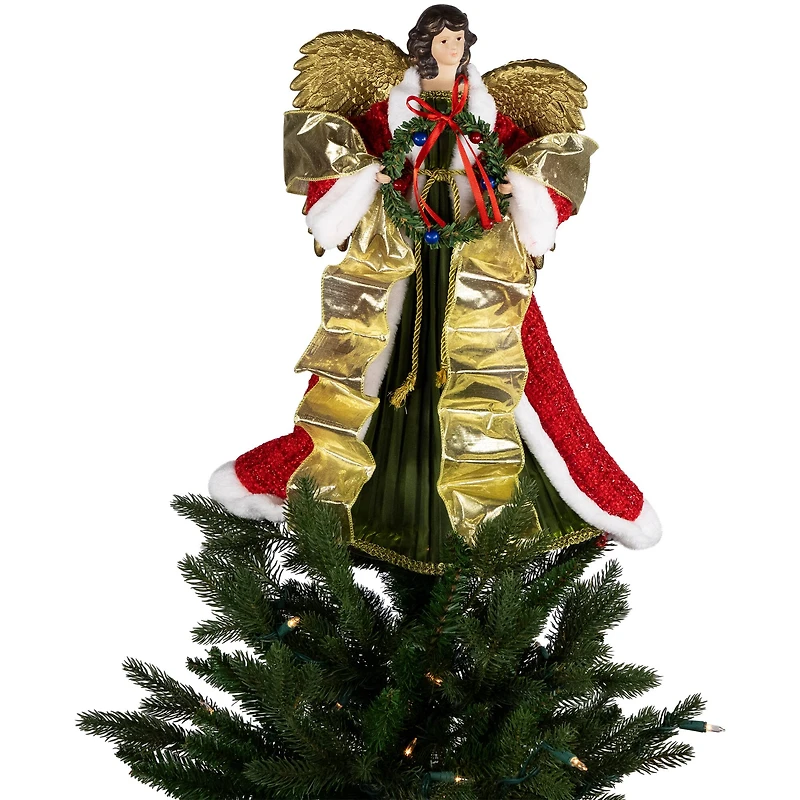 18" Unlit Red and Green Angel with Wreath Christmas Tree Topper