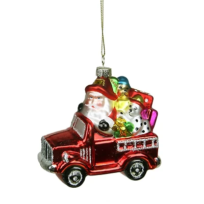 4" Red Fire Truck With Santa & Presents Glass Christmas Ornament