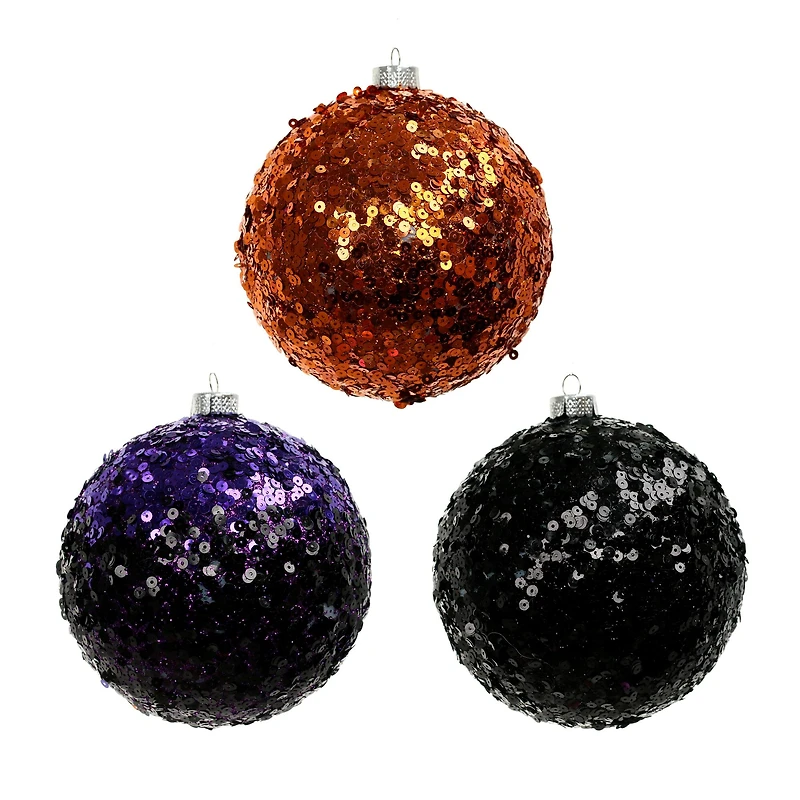 4.75" Orange, Black & Purple Sequin Plastic Ball Ornament Set by Ashland®