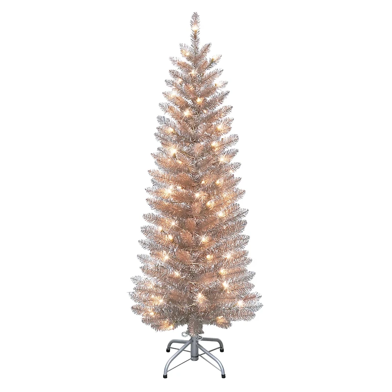 4.5ft. Pre-Lit Rose Gold Tinsel Artificial Christmas Tree, Clear Lights