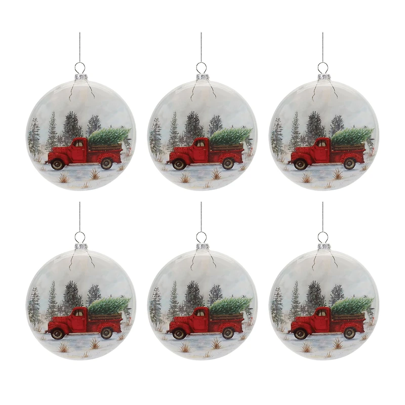 5.75" Glittered Glass Pickup Truck Disc Ornaments, 6ct.