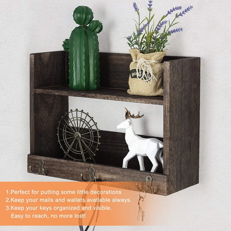 Rustic Wood Floating Storage Shelf with 3 Hooks