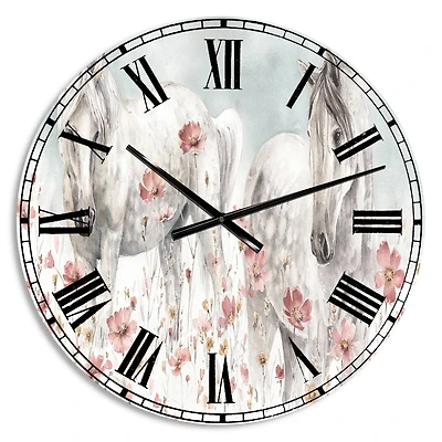 Designart 'Watercolors Pink Wild Horses Traditional Wall Clock