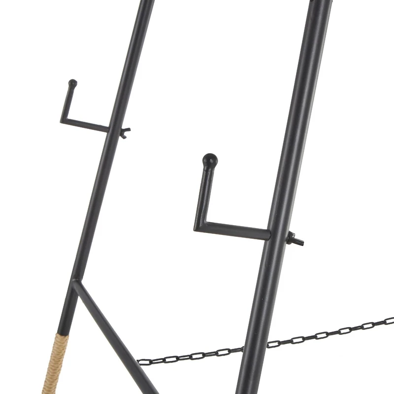 64" Black Metal Slim Foldable 2-Tier Easel with Wrapped Rattan Accents