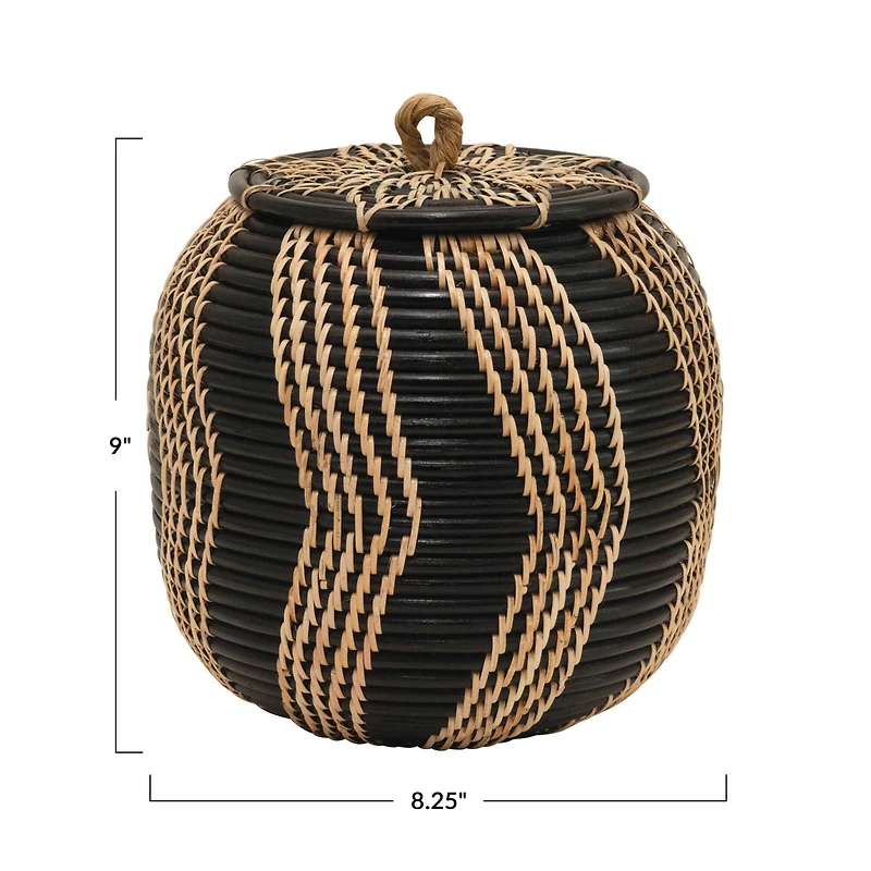 Hello Honey® 9" Black & Natural Handwoven Rattan Basket with Lid