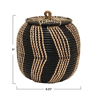 Hello Honey® 9" Black & Natural Handwoven Rattan Basket with Lid