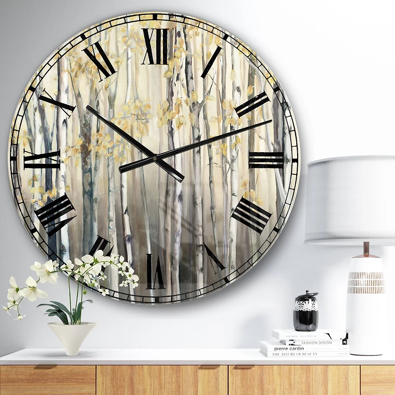 Designart Golden Birch Forest I Traditional Wall Clock