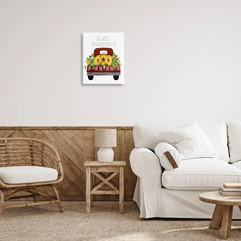 Stupell Industries Hello Summer Quote Sunflower Flower Patriotic Truck Canvas Wall Art