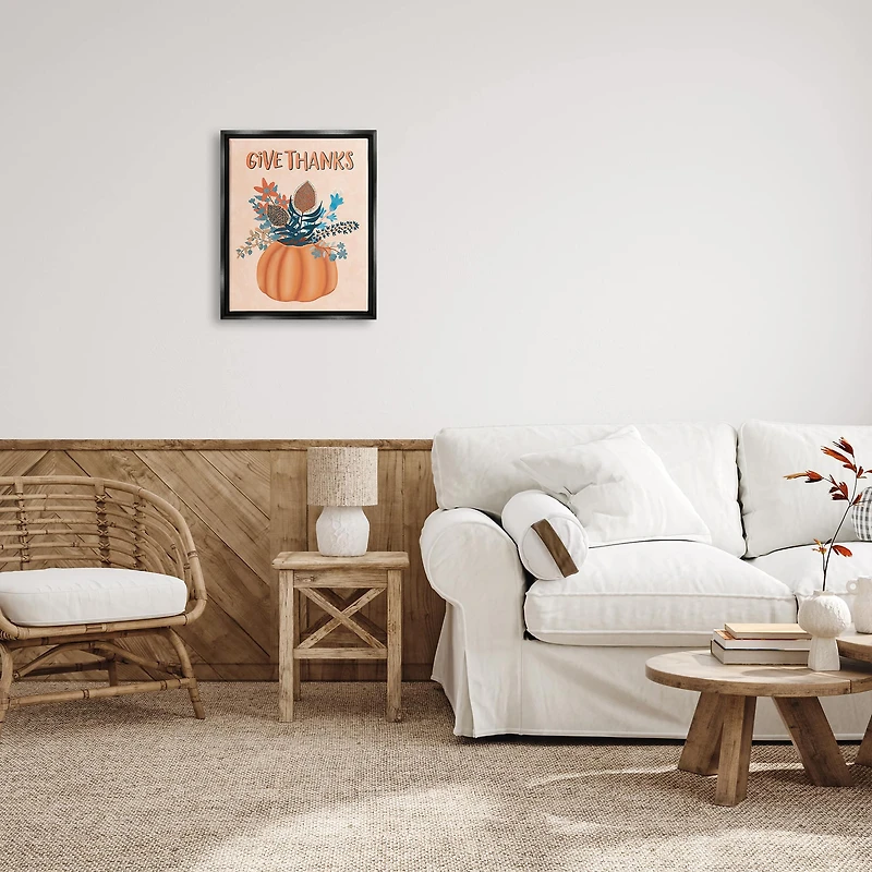 Stupell Industries Give Thanks Fall Botanical Blooms Framed Floater Canvas Wall Art