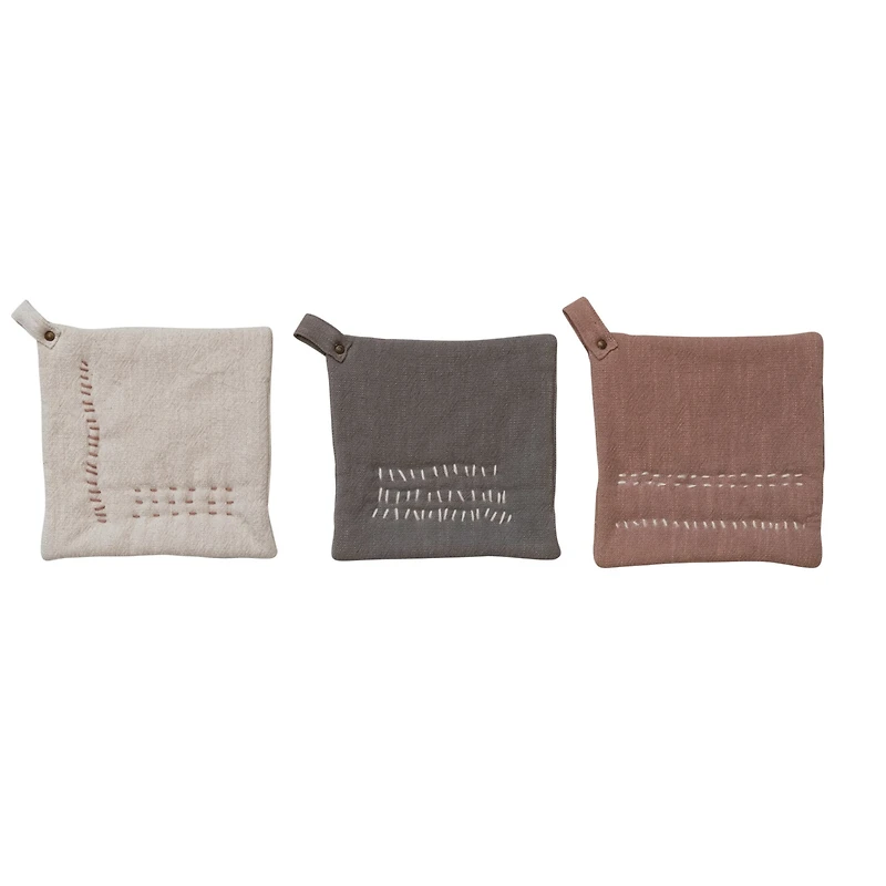 Hello Honey® Cotton Slub Pot Holders with Embroidered Designs Set