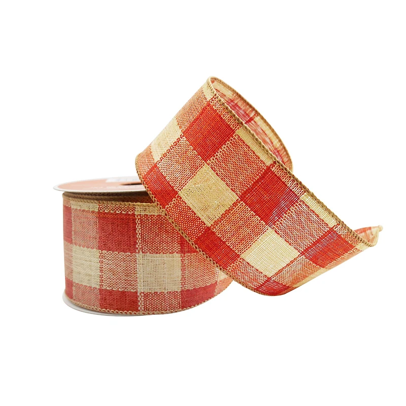 2.5" x 6.6yd. Rust Orange Plaid Faux Linen Wired Ribbon by Celebrate It®