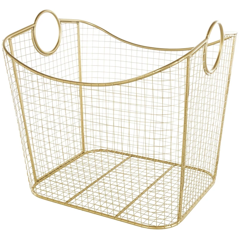20" Gold Metal Storage Basket with Curved Sides & Ring Handles