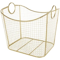 20" Gold Metal Storage Basket with Curved Sides & Ring Handles