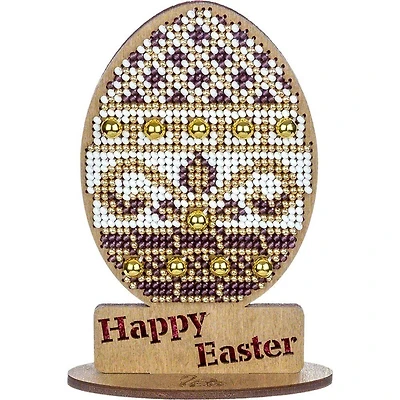 Wonderland Crafts Purple, White & Gold Happy Easter Egg Bead Embroidery on Wood Kit