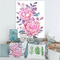 Designart - Pink Retro Flowers With Blue Leaves