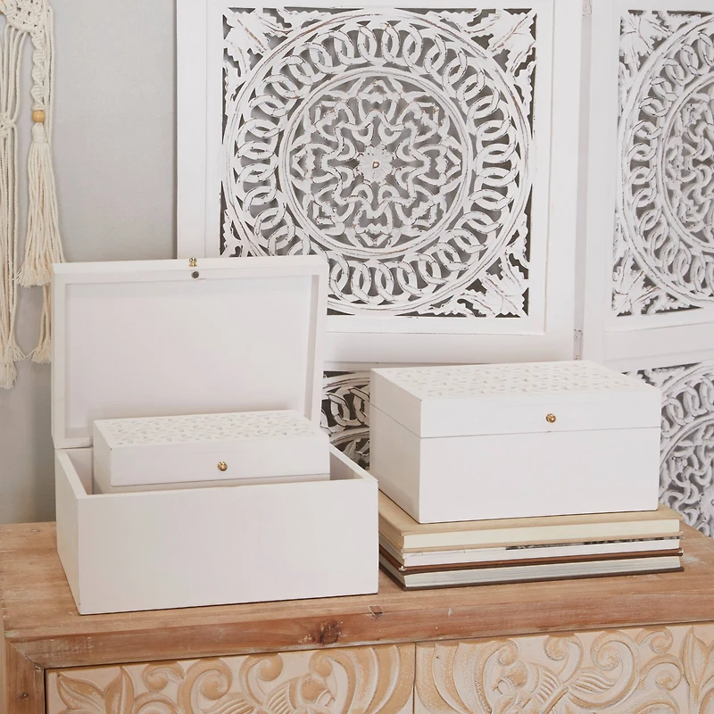 Novogratz White Wood Intricate Carved Box with Hinged Lid Set