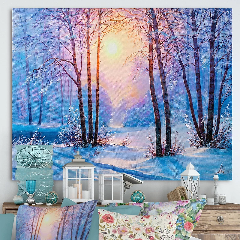 Designart - Warm Sunshine Reflection Over Winter Forest River III