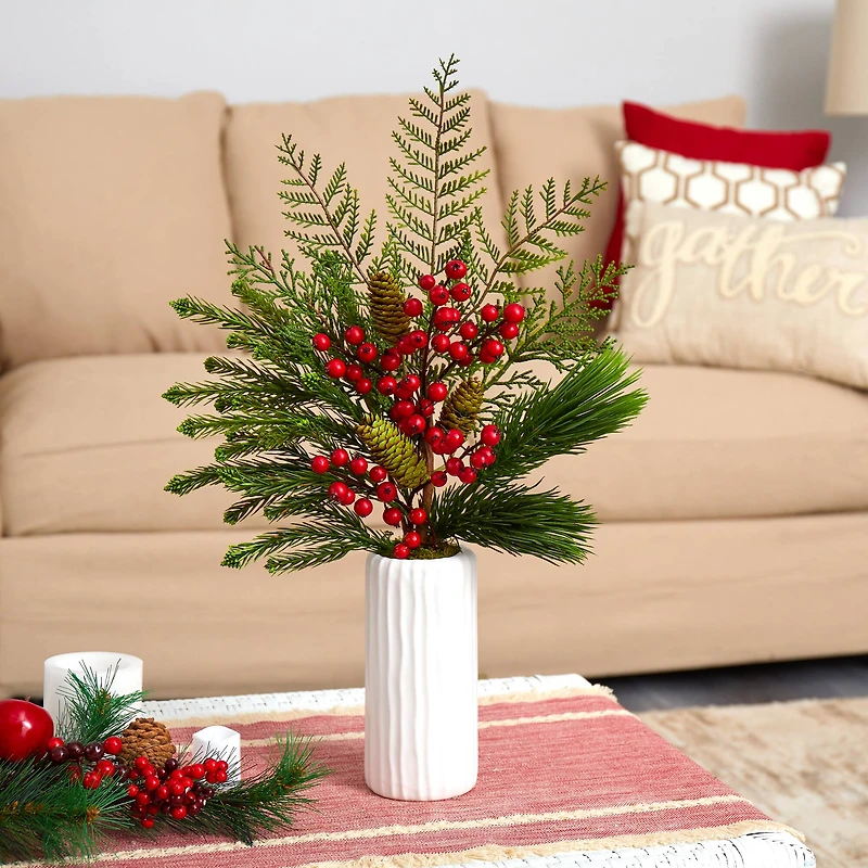23" Mixed Pine, Pinecone & Berry Arrangement in White Vase