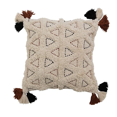 Hello Honey® Multicolored Cotton Slub Tufted Pillow Cover with Kantha Stitch and Tassels