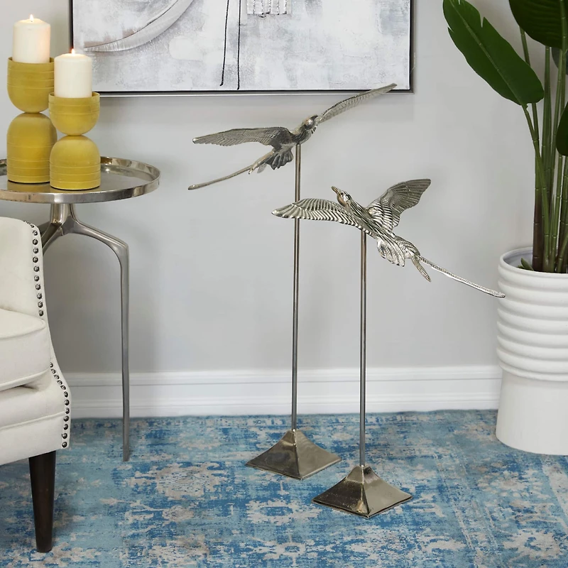 Silver Aluminum Eclectic Bird Sculpture, Set of 2 32", 25"