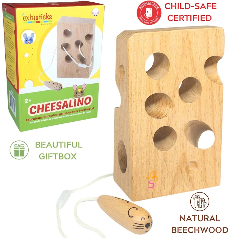 Extasticks Cheesalino Cheese & Mouse Wooden Lacing Toy