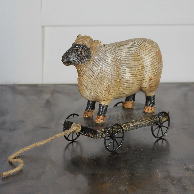 10" Sheep on Cart Outdoor Garden Statue